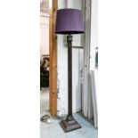 LARGE FOUR COLUMN STANDING LAMP, gilt and black finish with purple silk shade, 155cm H.