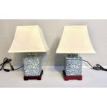 TABLE LAMPS, a pair, 45cm H, Chinese export style blue and white ceramic, with shades.