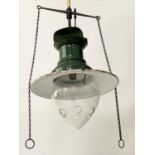 HALL LANTERN, Edwardian green enamelled converted gas lamp, 90cm H.