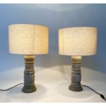 TABLE LAMPS, a pair, turned baluster column and stone effect, with shades, 66cm H. (2)