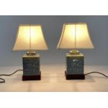 TABLE LAMPS, a pair, 42cm H, Chinese blue and white ceramic of stepped square form with shades. (2)