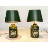 TOLEWARE TABLE LAMPS, a pair, tea cannister form, green toleware with gilt heraldic coat of arms (