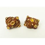 EARRINGS, a pair of 18ct gold mahogany cased clip on earrings, set with citrines, in the form of