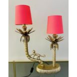 TABLE LAMP, 50cm H x 33cm W x 15cm D, form of palm trees with a climbing monkey, with shades.