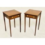 LAMP TABLES, a pair George III style mahogany each with frieze drawer and tapering supports, 38cm