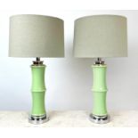 TABLE LAMPS, a pair, Italian style vaseline glass of bamboo form, with shades, 71cm H. (2)