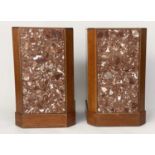 PLINTHS, a pair, Art Deco rosso terrazzo panelled brass bound with canted corners and plinth, 43cm x