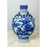 CHINESE MOONFLASK, late Qing dynasty, blue and white underglaze depicting warriors, 29cm H x 19cm.