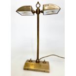 DESK LAMP, heavy weight patinated brass twin light, dual switch by Besselink and Jones, 43cm H.