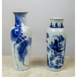 CHINESE VASE, two, blue and white one decorated with perched finches the other with a flute