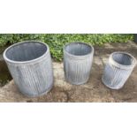 TUB PLANTERS, graduated set of three, largest 50cm H x 45cm D, galvanised zinc. (2)