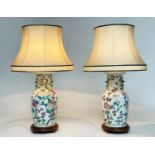 TABLE LAMPS, a large pair Chinese ceramic famille verte of vase form with shades, 85cm H. (2)