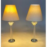 TABLE LAMPS, a heavy pair lead glass with twist columns and solid cup bases with shades, 78cm H. (2)