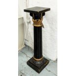 FLOOR STANDING COLUMN, black lacquered and gilded highlights, 102cm H x 25cm.