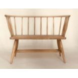 ERCOL STYLE HALL SEAT, mid 20th century elm, with enclosing rail back and solid seat in the manner