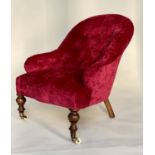 ARMCHAIR, Victorian mahogany with scarlet chenille velvet upholstery with deep buttoned rounded back