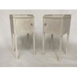 BEDSIDE CABINETS, 81cm H x 40cm W x 38cm D, a pair, Regency style and grey painted each galleried
