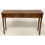 HALL TABLE, George III design burr walnut and crosbanded with four frieze drawers and turned