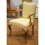 ARMCHAIR, 92cm H x 68cm W, Queen Anne style beechwood in patterned yellow upholstery.