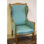 WING ARMCHAIR, 110cm H x 61cm W x 74cm D, Edwardian mahogany and satinwood banded with turquoise