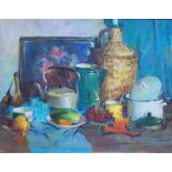 OLEG STANICHNOV (b.1987, Ukrainian) 'A still life with kitchen dishes', oil on canvas, 70cm x 90cm.