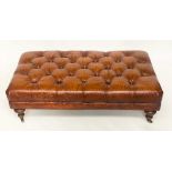 CENTRE/HEARTH STOOL, rectangular deep buttoned upholstered mid brown leather with turned brass