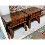 SIDE TABLES, a pair, each 56cm W x 37cm D x 51cm H, Italian walnut each with a frieze drawer. (2)