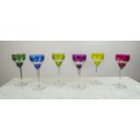 VAL ST LAMBERT HOCK GLASSES, a set of six, multi coloured cut glass. (6)