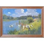 VITALTY BARANENKO (born in 1965, Ukrainian) 'Geese by the river', oil on canvas, 40cm x 60cm.