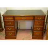 PEDESTAL DESK, 74cm H x 113cm W x 59cm D, early 20th century mahogany with black leatherette top