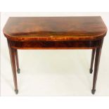 TEA TABLE, George III flame mahogany and satinwood banded of D outline with spade feet, 96cm W x