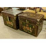 LEATHER TRUNKS, each 60cm W x 40cm D x 52cm, a pair with English Royal Coat of Arms, reproduction in