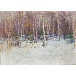 VICTOR KOSHEVOI (1924-2006, Ukrainian) 'Winter forest' 1977, oil on board, 34.5cm x 50cm.