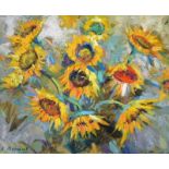 ALEKSEI MIKHAYLOV (born in 1934, Ukrainian) 'Still life sunflowers', oil on canvas, 40cm x 50cm.