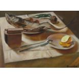 VLADIMIR BURDIN (born in 1960) 'Still life with bread and lemon' 2003, oil on canvas, 63.5cm x 86cm.