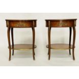 LAMP TABLES, a pair, early 20th century French oval walnut parquetry and gilt metal mounted each