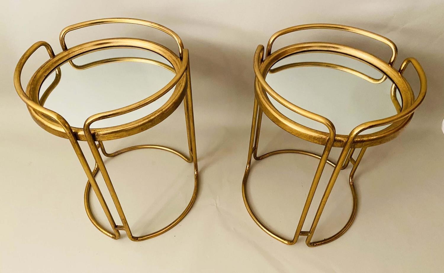 SIDE TABLES, a pair, 63cm H x 48cm D, 1970s Italian Style, gilt metal, mirrored glass inset tops. ( - Image 2 of 5