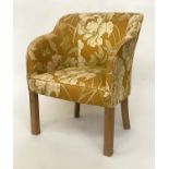 TUB ARMCHAIR, mid 20th century tub-form and floral gold fabric upholstered, 58cm W.