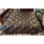 FOOTSTOOL, 105cm W x 105cm D x 38cm, buttoned brown leather.