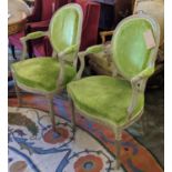 FAUTEUILS, a pair each 63cm W 19th century French with grey painted show frame and green chenille