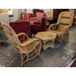 WICKER CHAIRS, a pair each 68cm W x 104cm H and hexagonal low table. (3)