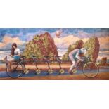 ALEKSANDR ANOKHIN (Ukrainian) 'Bicycle ride', oil on canvas, 58cm x 122cm.