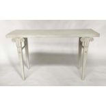 HALL/CONSOLE WRITING TABLE, Spanish style shallow rectangular grey painted with scroll-headed
