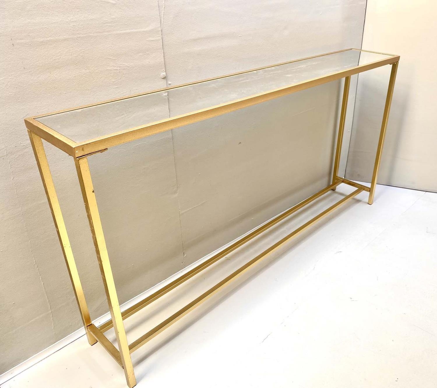 CONSOLE TABLE, 79cm H x 152cm W x 25.5cm D, mirrored glass top, gilt metal frame with stretcher to