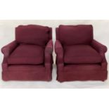 ARMCHAIRS, a pair, Howard style burgundy twill cotton upholstered each with seat and back cushions