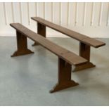 REFECTORY BENCHES/FORMS, a pair, solid oak rectangular with joined trestle slab supports, 194cm x