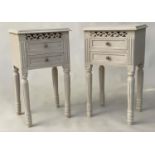 BEDSIDE/LAMP TABLES, a pair, French style grey painted each with pierced frieze, two drawers and
