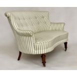 SOFA, Edwardian with Regency green striped buttoned upholstery, scroll arms and turned oak