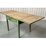 KITCHEN/EXTENDING DINING TABLE, 19th century French green painted with two leaf extending top