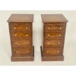 BEDSIDE CHESTS, a pair, 19th century style burr walnut each with brushing slide and four drawers,